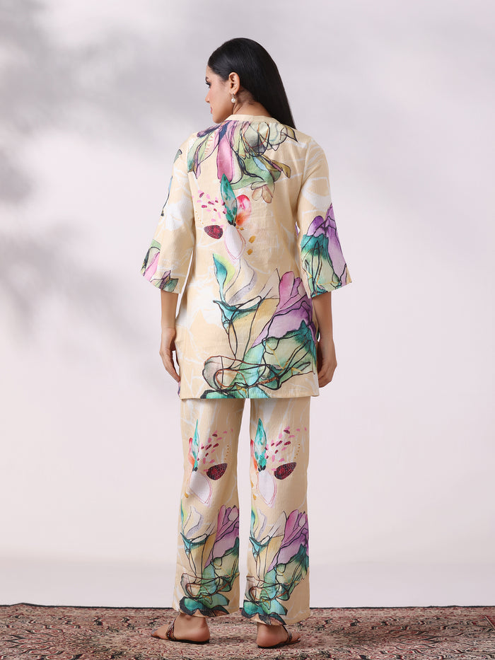 Women Poly Viscose Beige Floral Print Co-Ord Set