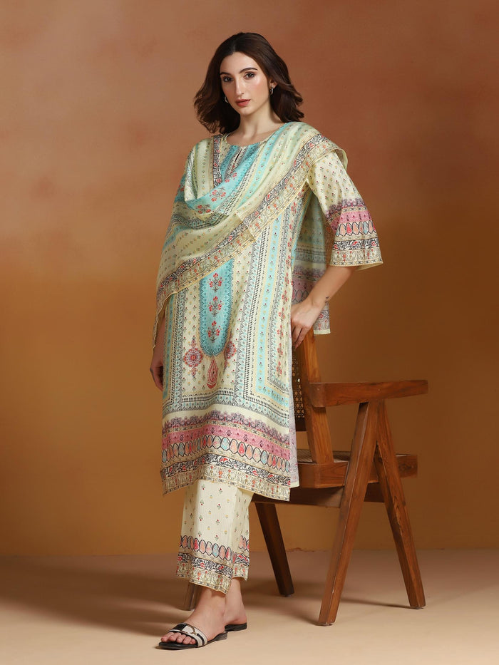 Women Poly Viscose Beige Floral Print Kurta Comfort Pant Dupatta.