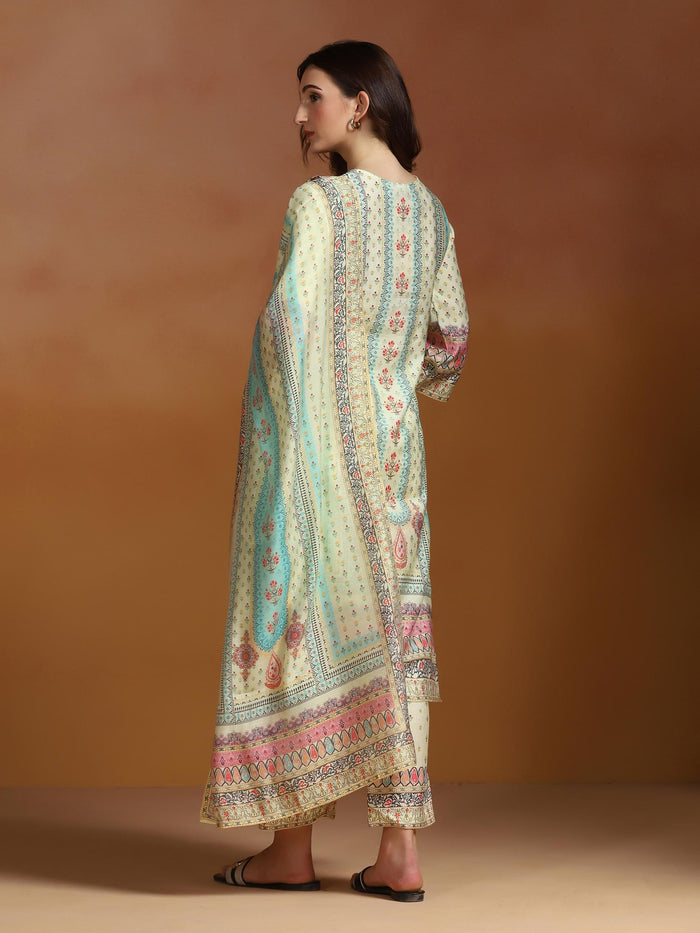 Women Poly Viscose Beige Floral Print Kurta Comfort Pant Dupatta.