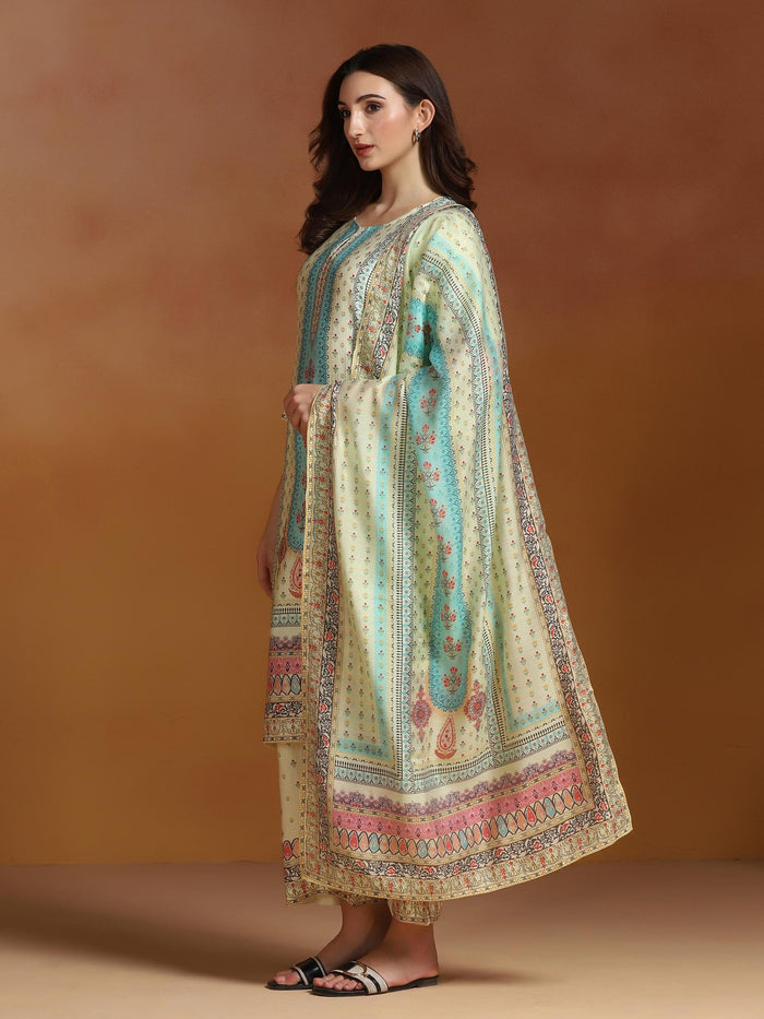 Women Poly Viscose Beige Floral Print Kurta Comfort Pant Dupatta.