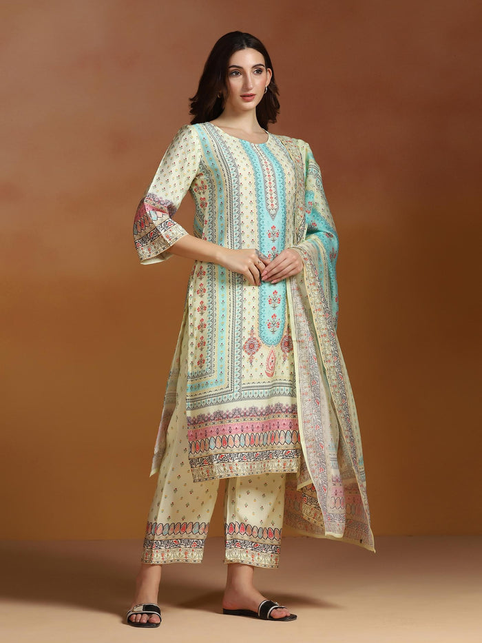 Women Poly Viscose Beige Floral Print Kurta Comfort Pant Dupatta.