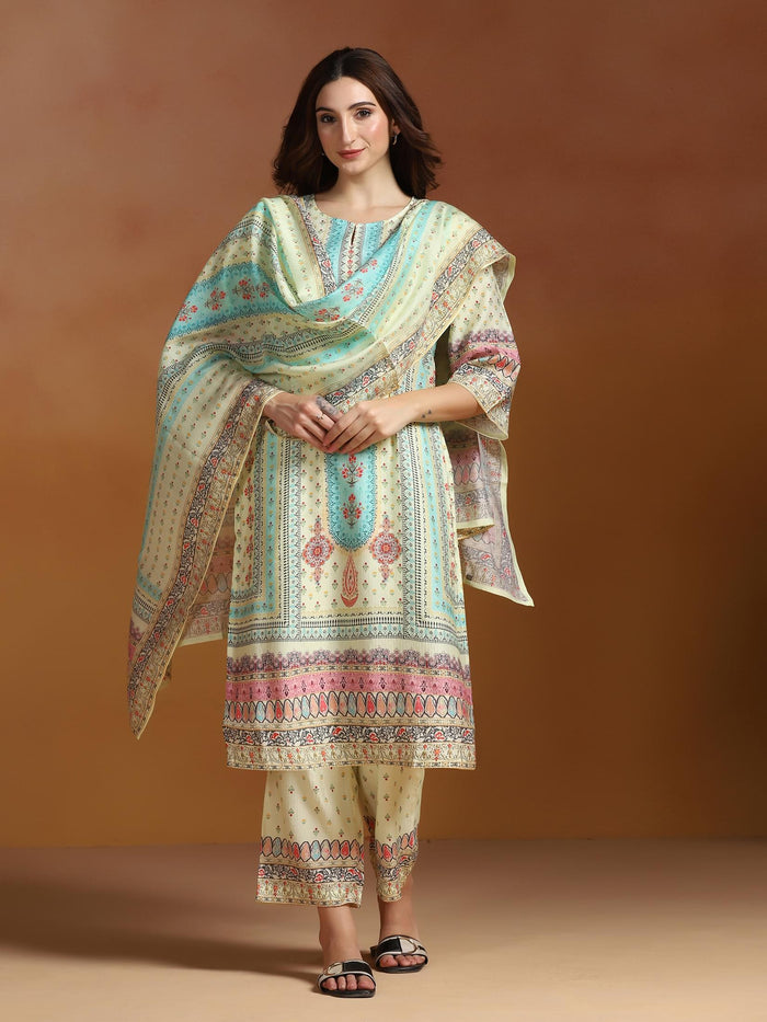 Women Poly Viscose Beige Floral Print Kurta Comfort Pant Dupatta.