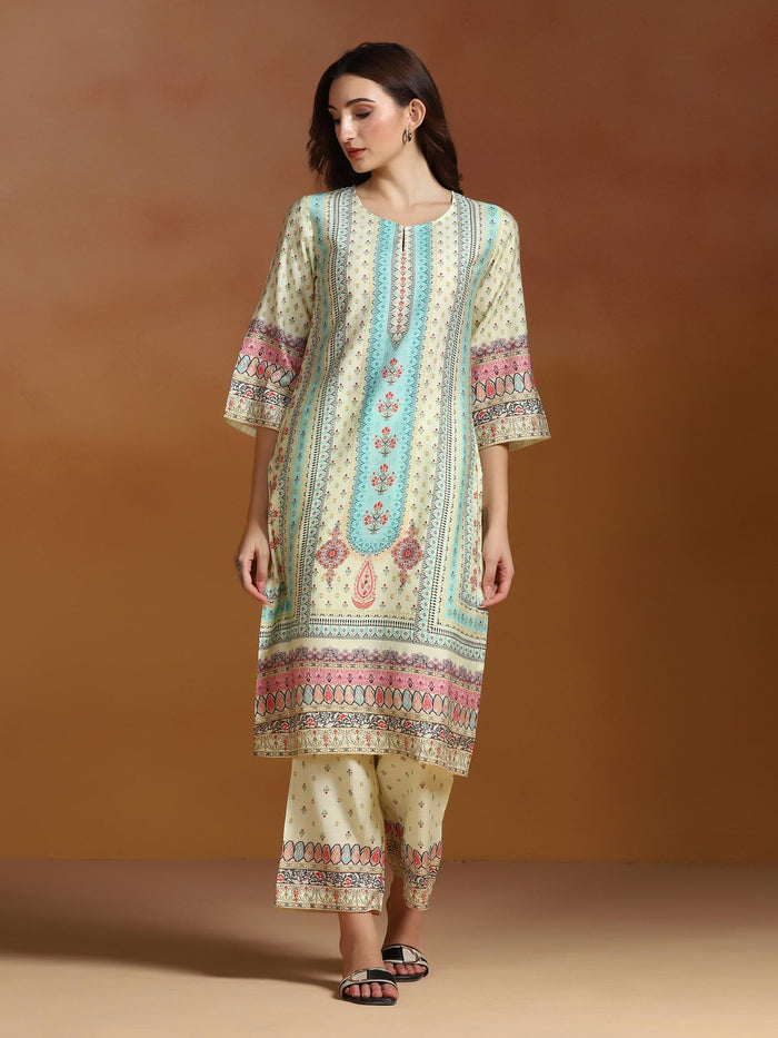 Women Poly Viscose Beige Floral Print Kurta Comfort Pant Dupatta.