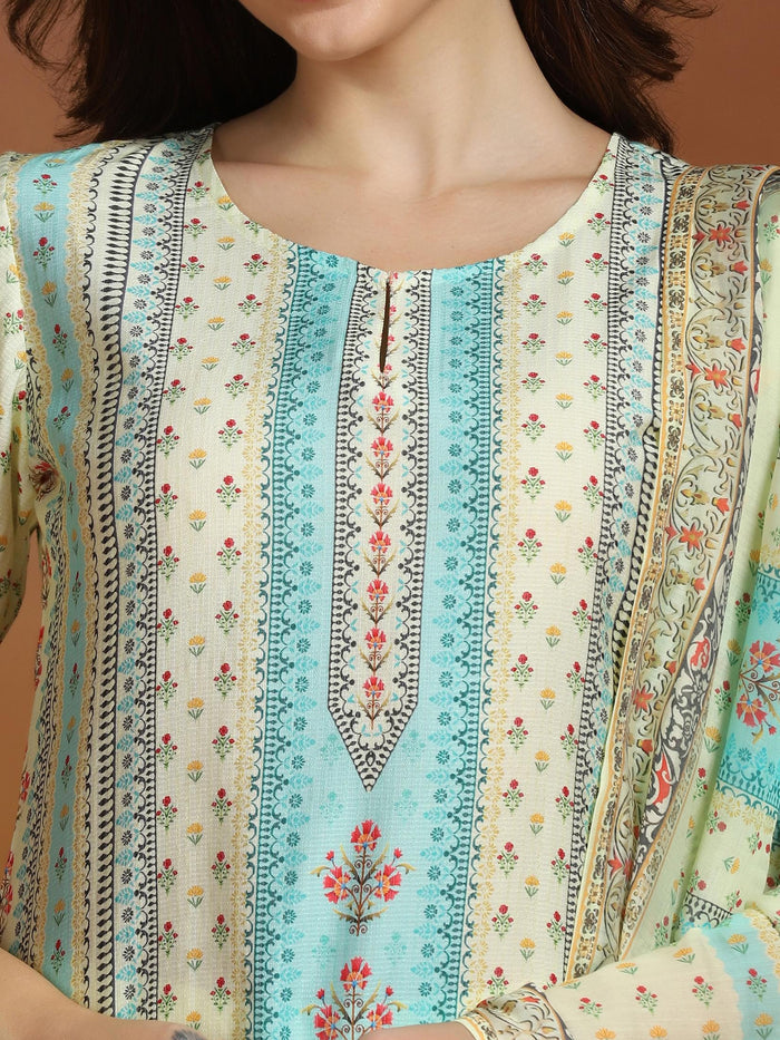 Women Poly Viscose Beige Floral Print Kurta Comfort Pant Dupatta.