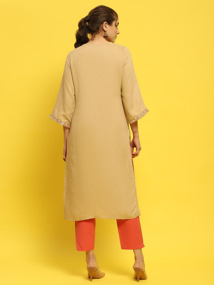 Women Poly Viscose Beige Solid Kurta.