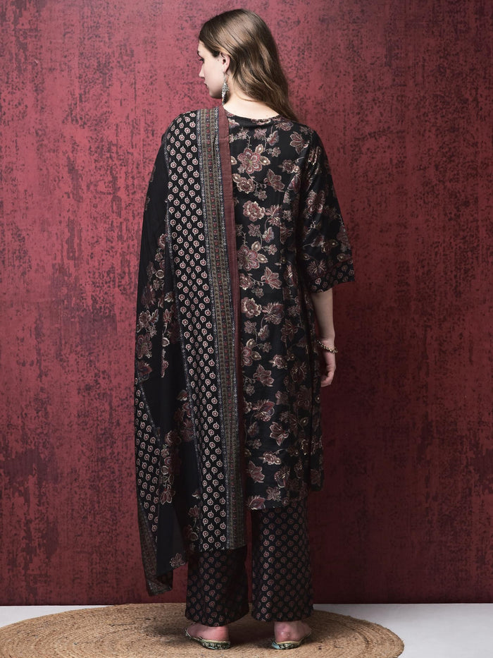 Women Poly Viscose Black Calico Print Kurta Comfort Pant Chanderi Dupatta.