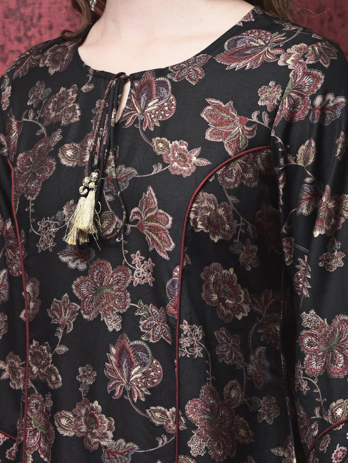 Women Poly Viscose Black Calico Print Kurta Comfort Pant Chanderi Dupatta.