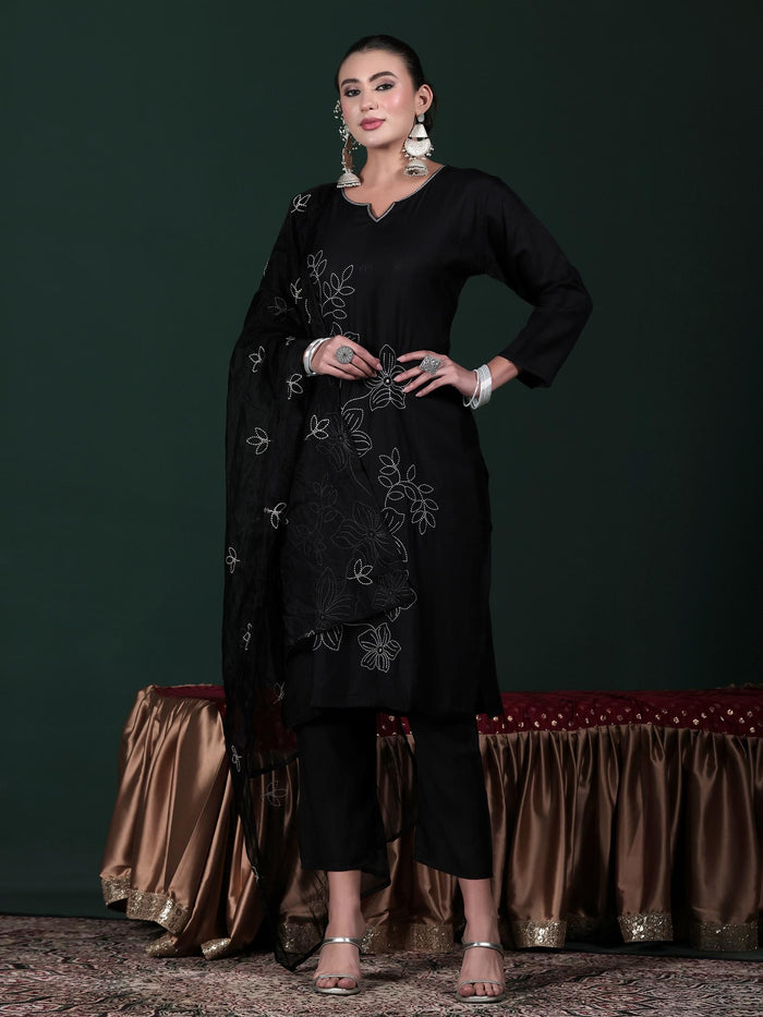 Women Poly Viscose Black Embroidered Kurta Comfort Pant Dupatta.