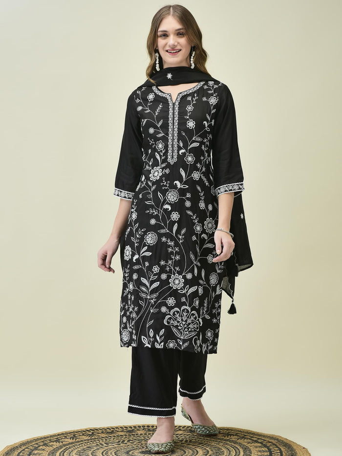 Women Poly Viscose Black Embroidered Kurta Comfort Pant Dupatta.