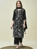 Women Poly Viscose Black Embroidered Kurta Comfort Pant Dupatta.