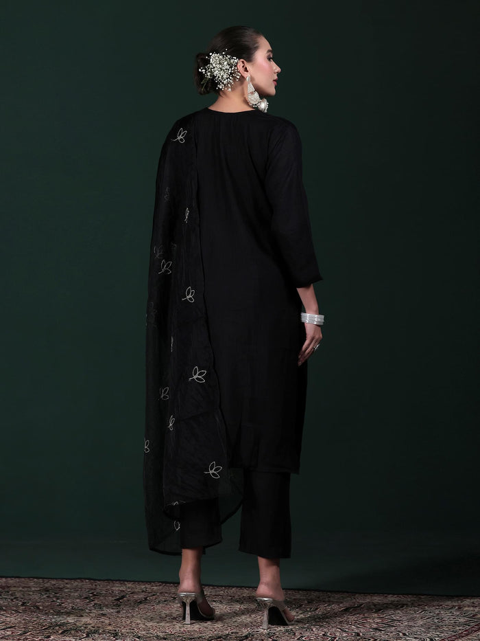 Women Poly Viscose Black Embroidered Kurta Comfort Pant Dupatta.