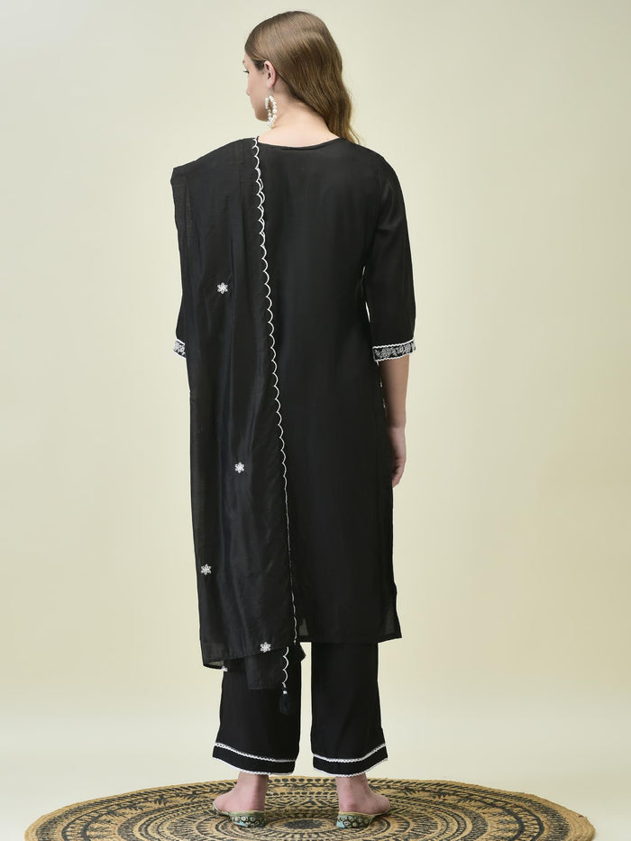 Women Poly Viscose Black Embroidered Kurta Comfort Pant Dupatta.