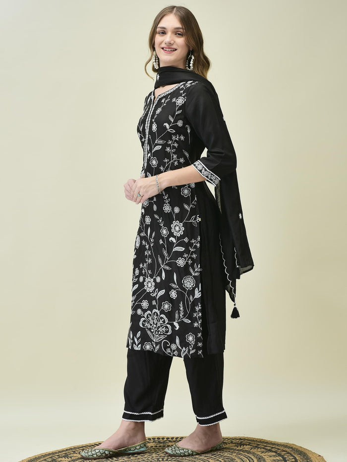 Women Poly Viscose Black Embroidered Kurta Comfort Pant Dupatta.
