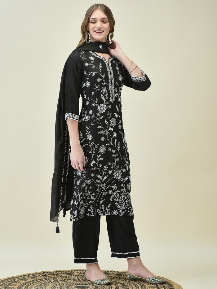Women Poly Viscose Black Embroidered Kurta Comfort Pant Dupatta.