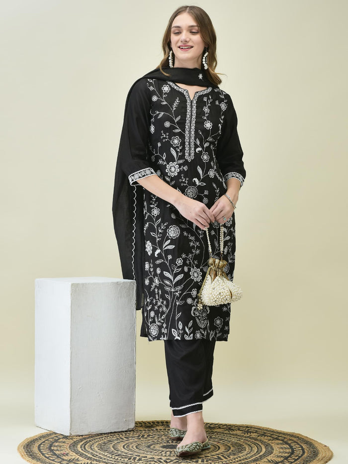 Women Poly Viscose Black Embroidered Kurta Comfort Pant Dupatta.