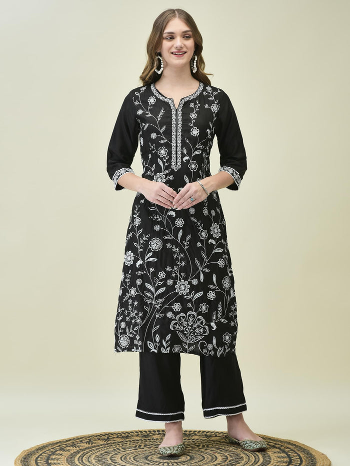 Women Poly Viscose Black Embroidered Kurta Comfort Pant Dupatta.
