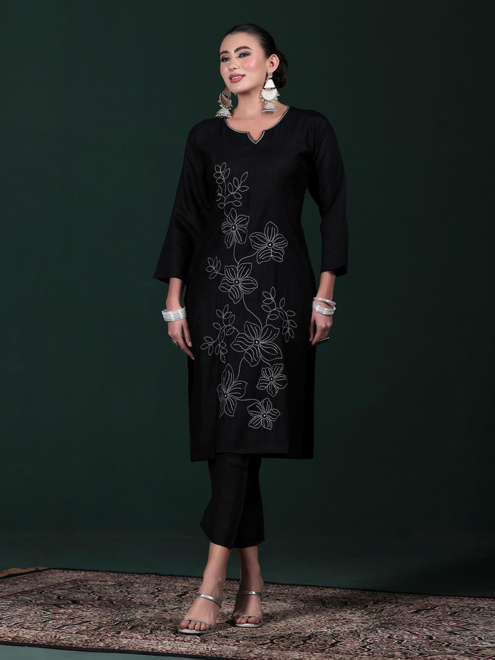 Women Poly Viscose Black Embroidered Kurta Comfort Pant Dupatta.