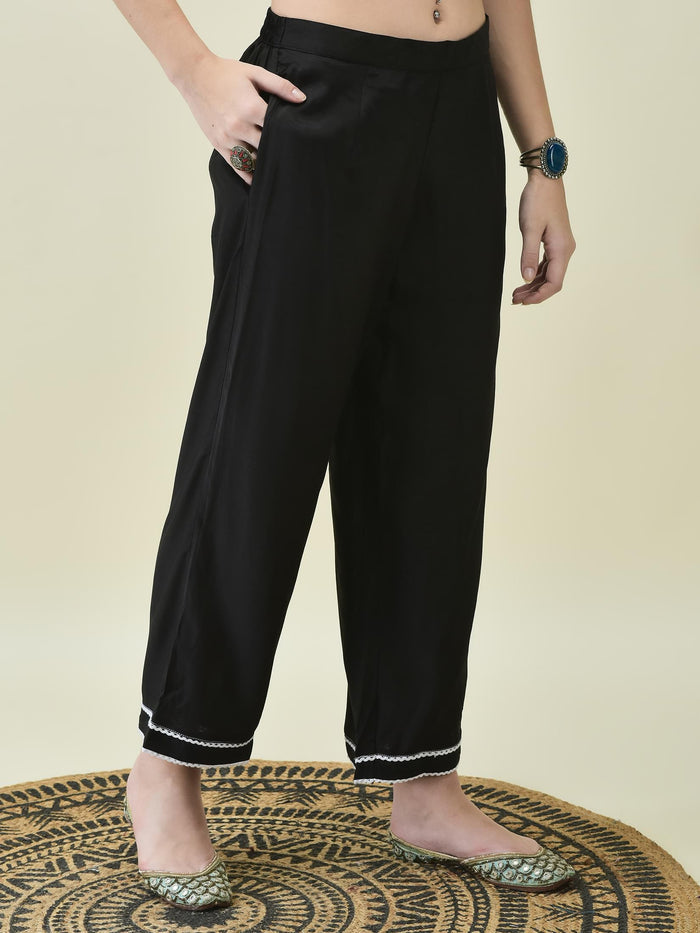 Women Poly Viscose Black Embroidered Kurta Comfort Pant Dupatta.