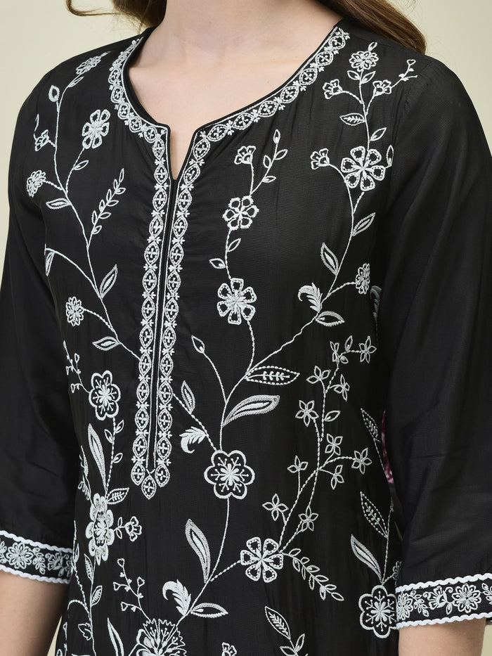 Women Poly Viscose Black Embroidered Kurta Comfort Pant Dupatta.