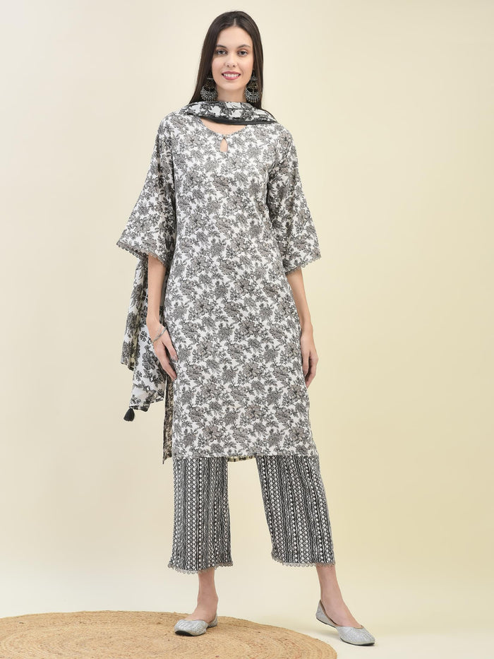 Women Poly Viscose Black Floral Print Kurta Comfort Pant Dupatta.