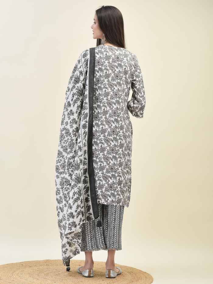Women Poly Viscose Black Floral Print Kurta Comfort Pant Dupatta.
