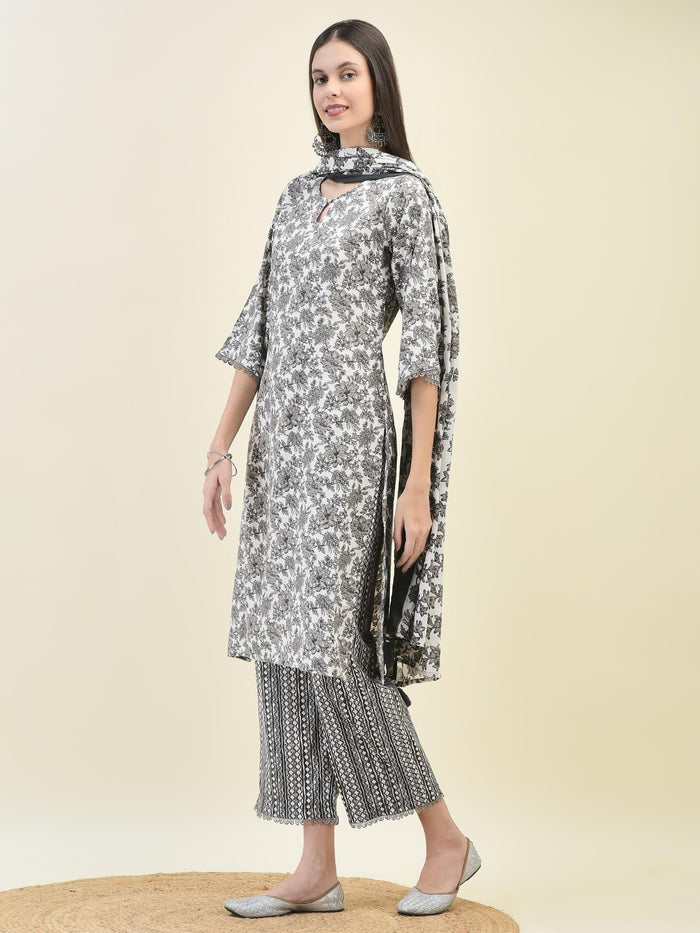 Women Poly Viscose Black Floral Print Kurta Comfort Pant Dupatta.