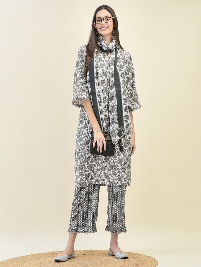 Women Poly Viscose Black Floral Print Kurta Comfort Pant Dupatta.