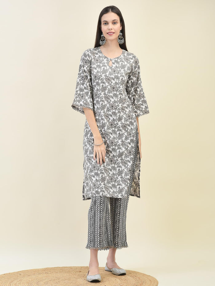 Women Poly Viscose Black Floral Print Kurta Comfort Pant Dupatta.
