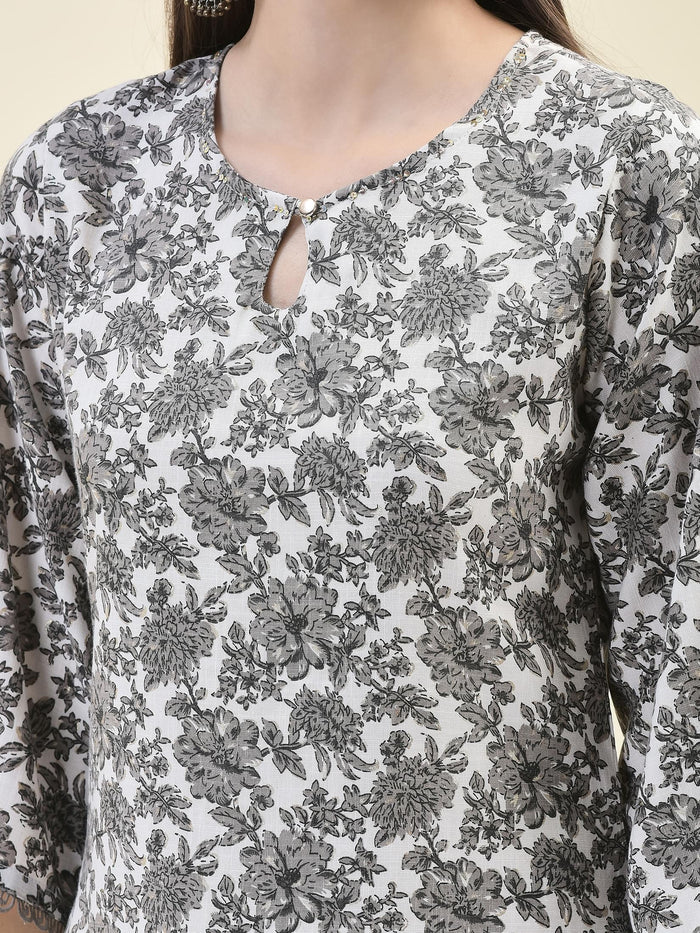 Women Poly Viscose Black Floral Print Kurta Comfort Pant Dupatta.