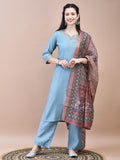 Women Poly Viscose Blue Embroidered Kurta Comfort Pant Chanderi Dupatta.