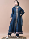 Women Poly Viscose Blue Embroidered Kurta Comfort Pant Chanderi Dupatta.