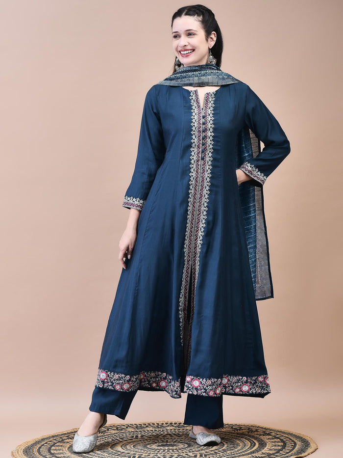 Women Poly Viscose Blue Embroidered Kurta Comfort Pant Chanderi Dupatta.