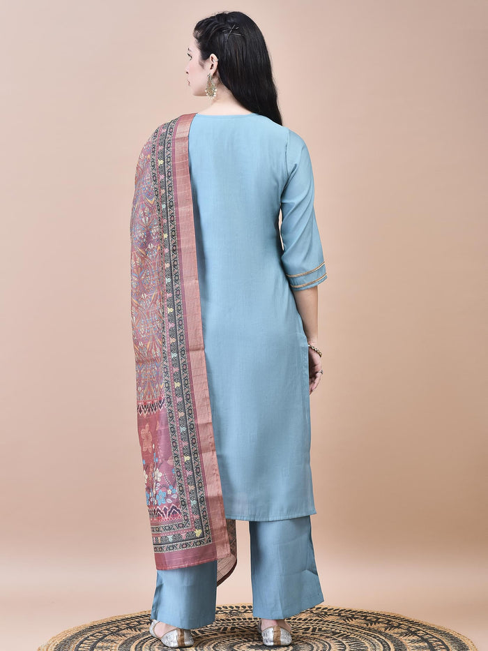 Women Poly Viscose Blue Embroidered Kurta Comfort Pant Chanderi Dupatta.