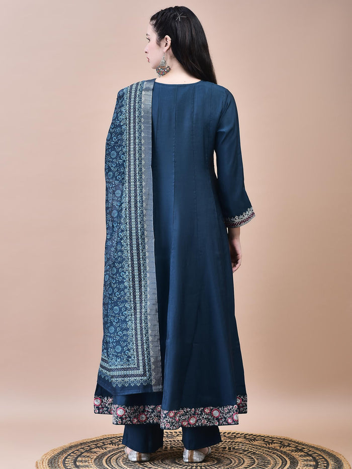 Women Poly Viscose Blue Embroidered Kurta Comfort Pant Chanderi Dupatta.