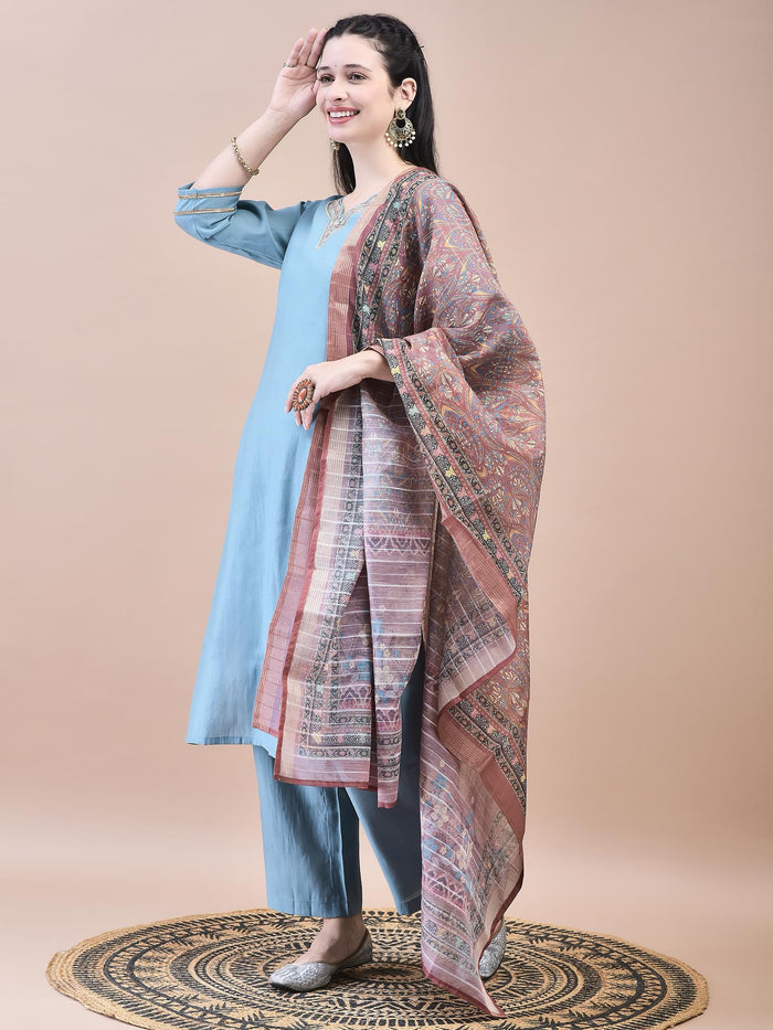 Women Poly Viscose Blue Embroidered Kurta Comfort Pant Chanderi Dupatta.