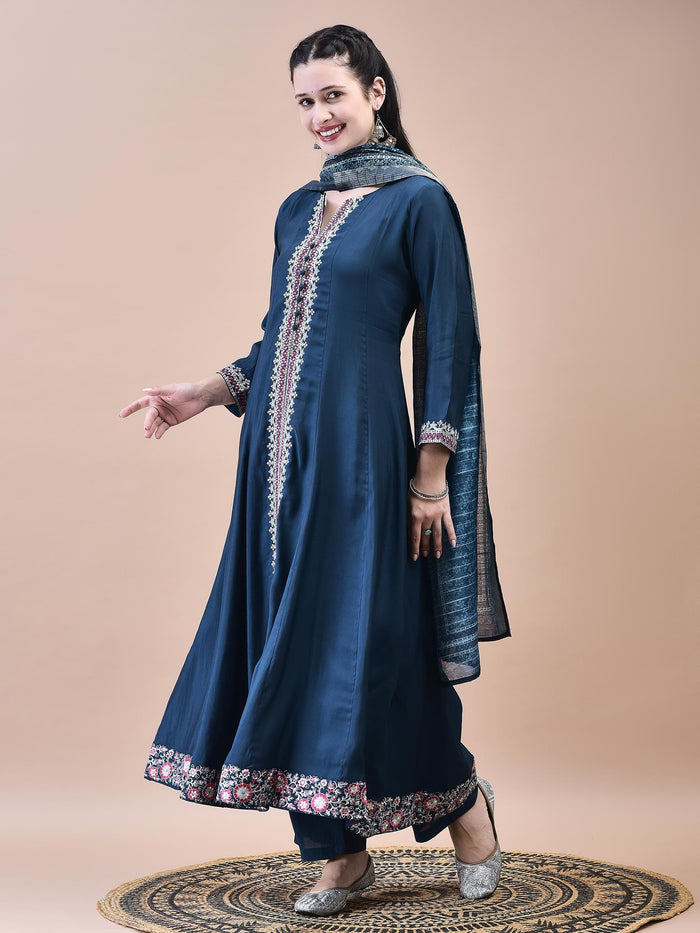 Women Poly Viscose Blue Embroidered Kurta Comfort Pant Chanderi Dupatta.