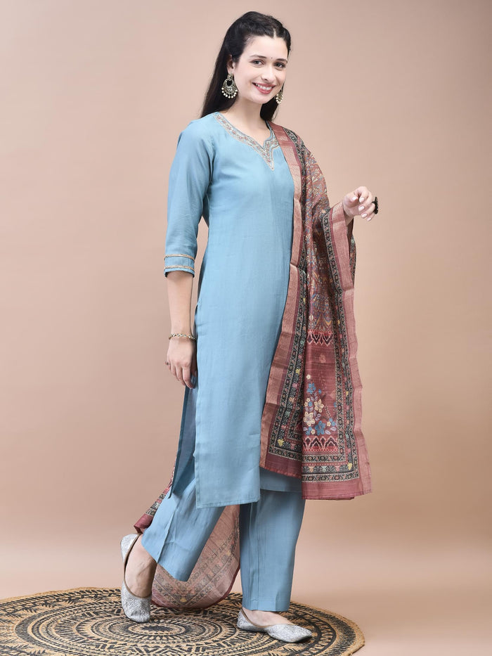 Women Poly Viscose Blue Embroidered Kurta Comfort Pant Chanderi Dupatta.