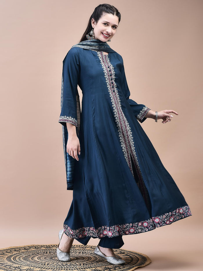 Women Poly Viscose Blue Embroidered Kurta Comfort Pant Chanderi Dupatta.