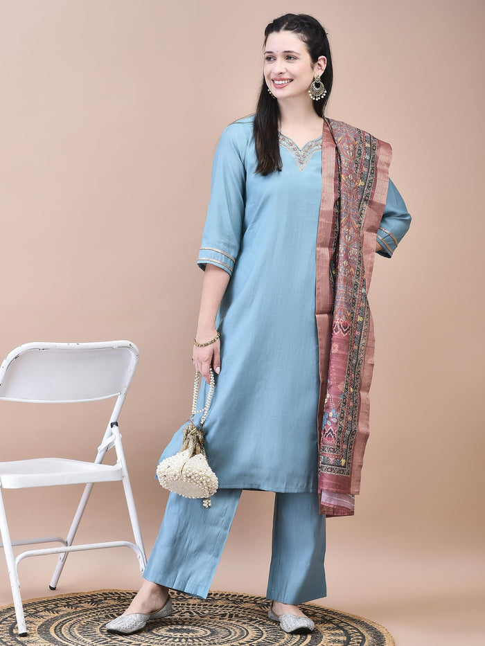 Women Poly Viscose Blue Embroidered Kurta Comfort Pant Chanderi Dupatta.