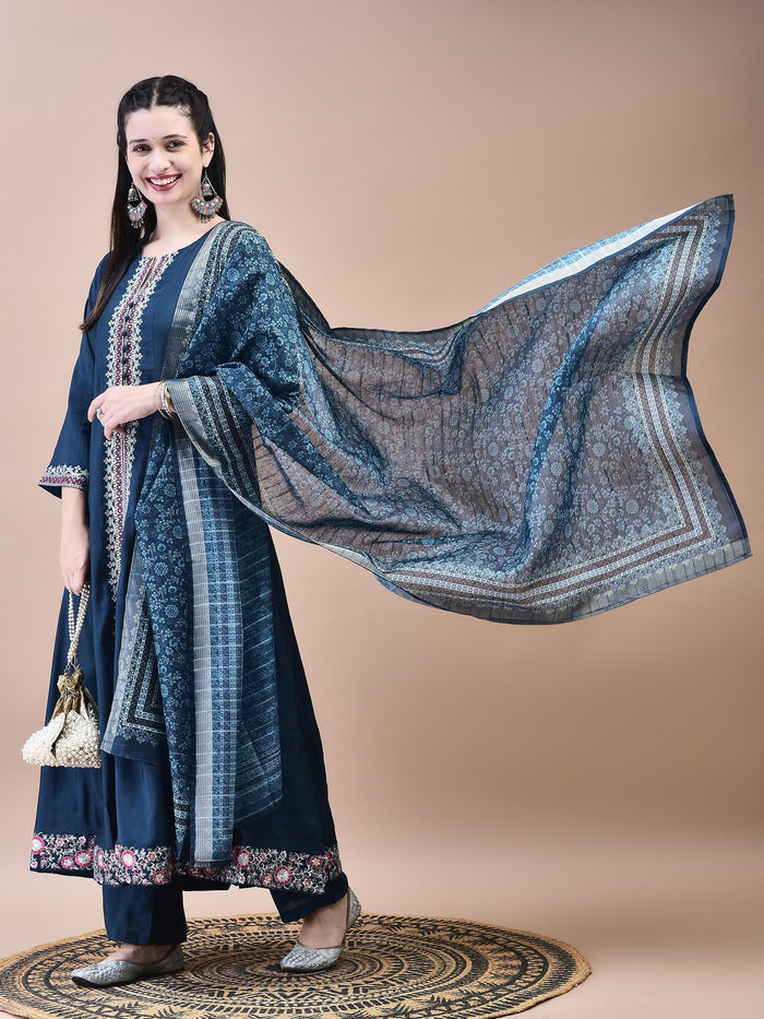 Women Poly Viscose Blue Embroidered Kurta Comfort Pant Chanderi Dupatta.