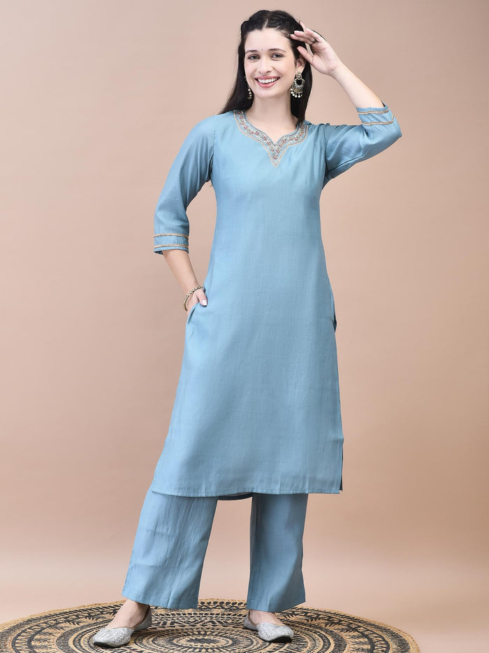 Women Poly Viscose Blue Embroidered Kurta Comfort Pant Chanderi Dupatta.