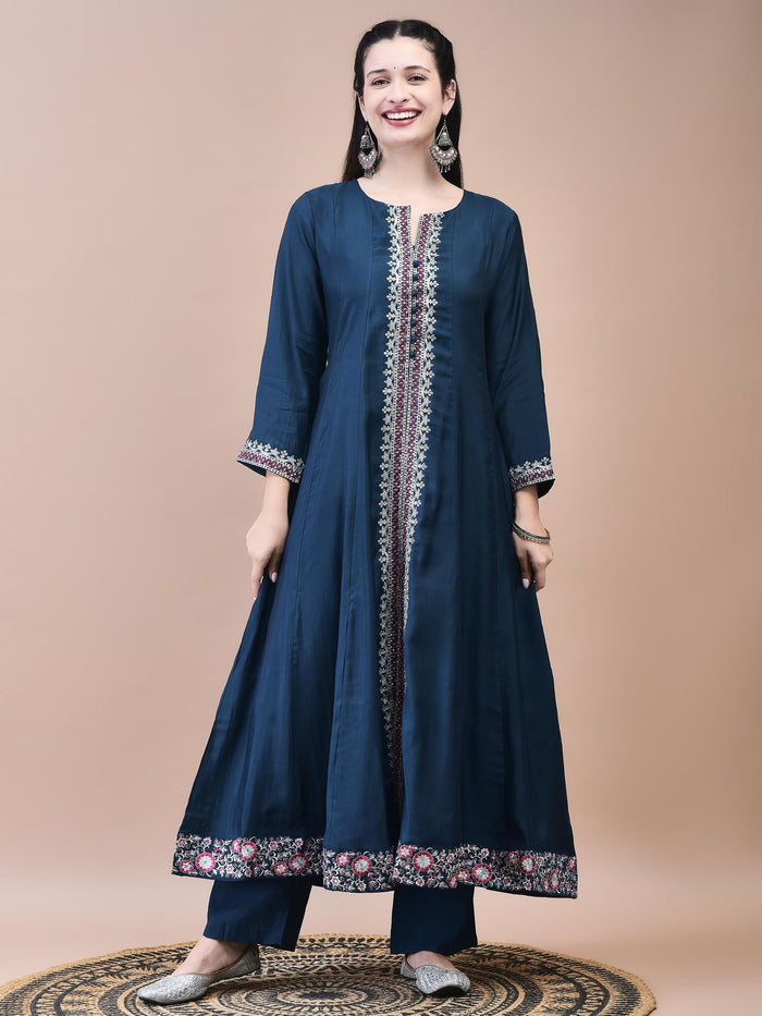 Women Poly Viscose Blue Embroidered Kurta Comfort Pant Chanderi Dupatta.
