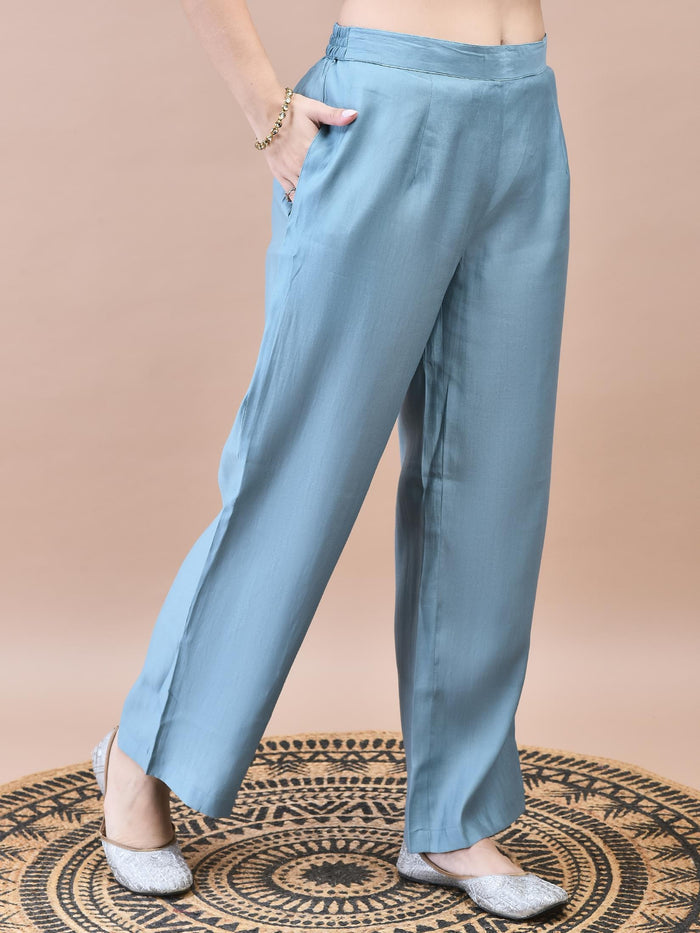 Women Poly Viscose Blue Embroidered Kurta Comfort Pant Chanderi Dupatta.