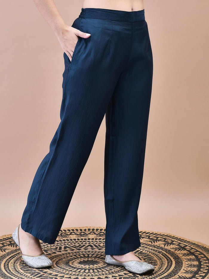 Women Poly Viscose Blue Embroidered Kurta Comfort Pant Chanderi Dupatta.