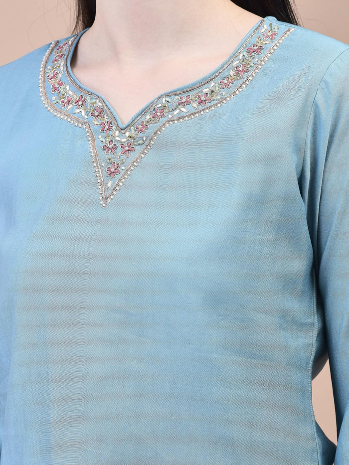 Women Poly Viscose Blue Embroidered Kurta Comfort Pant Chanderi Dupatta.
