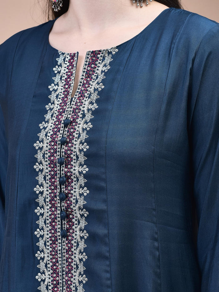 Women Poly Viscose Blue Embroidered Kurta Comfort Pant Chanderi Dupatta.