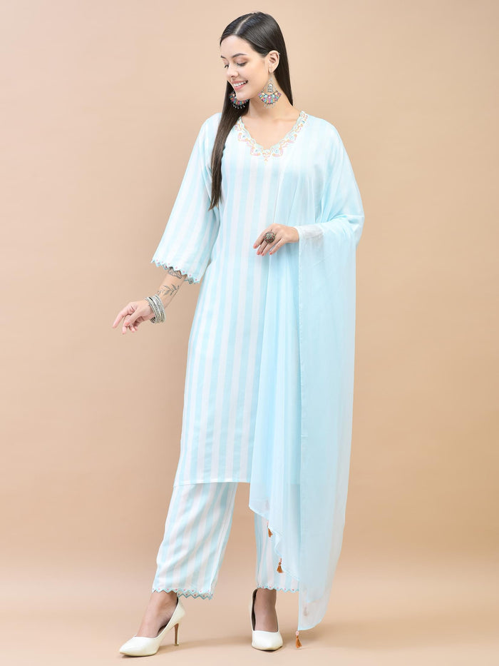 Women Poly Viscose Blue Embroidered Kurta Comfort Pant Dupatta.