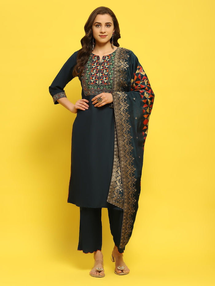 Women Poly Viscose Blue Embroidered Kurta Comfort Pant Dupatta.