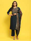 Women Poly Viscose Blue Embroidered Kurta Comfort Pant Dupatta.