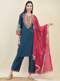 Women Poly Viscose Blue Embroidered Kurta Comfort Pant Dupatta.